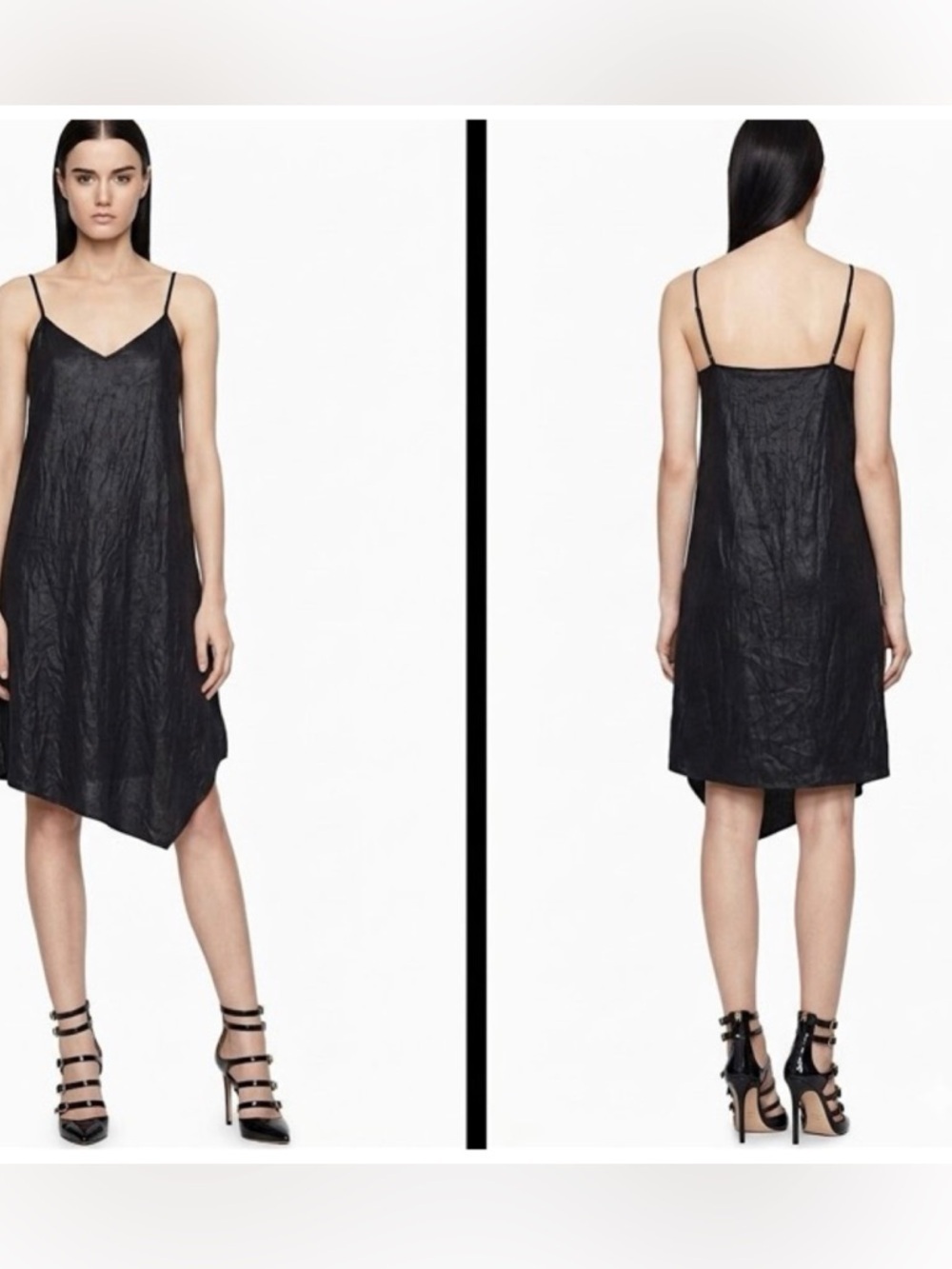 Calvin Klein Black Coated Crinkle Texture  Goth Asymmetrical Hem Vamp Dress M